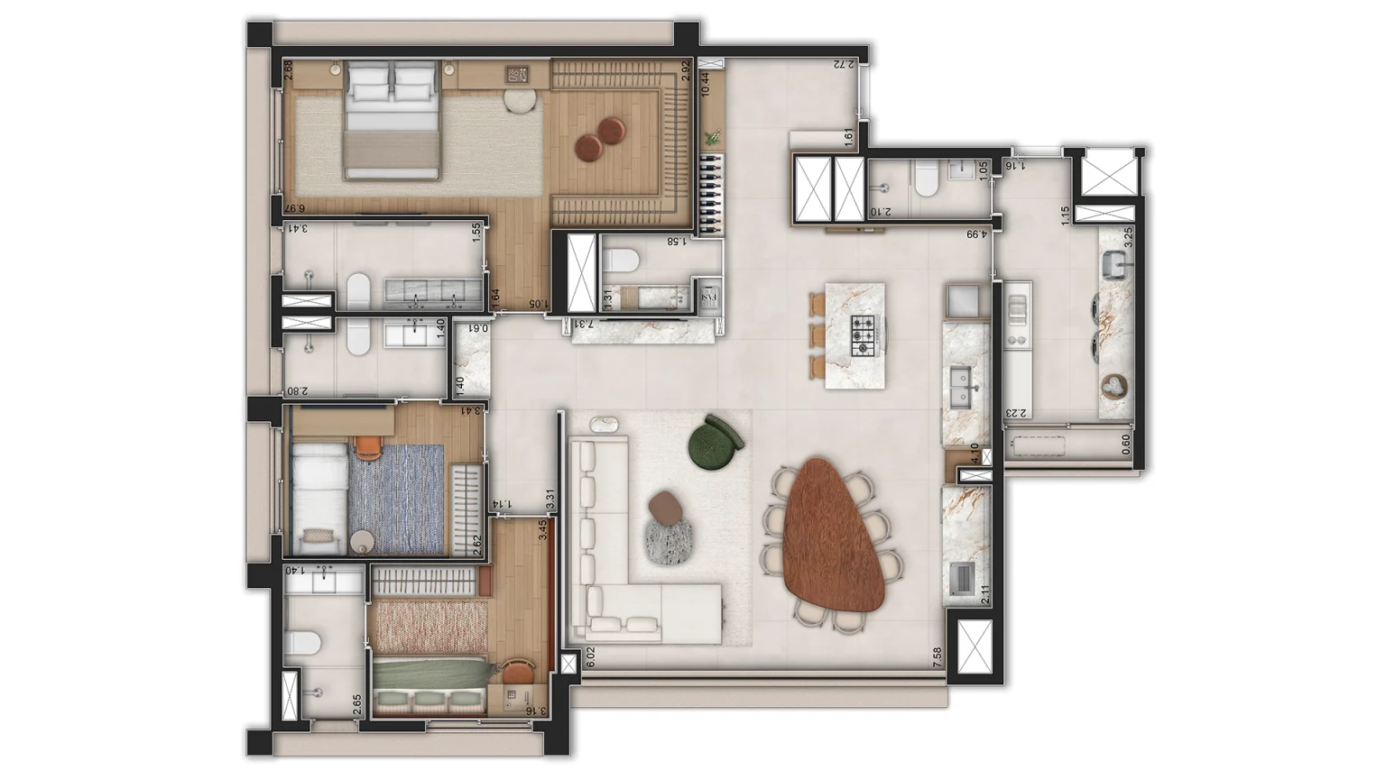 Planta 145m² - Opção living ampliado e cozinha aberta