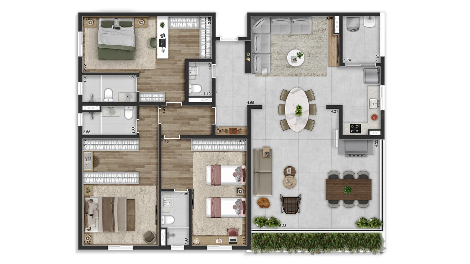 Planta Opção 167m² - 3 Suítes com Living Integrado