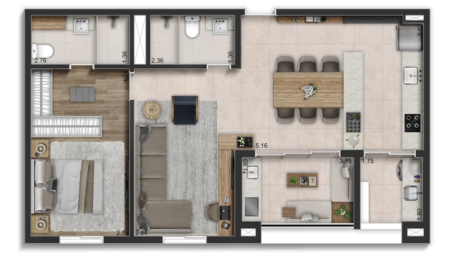 Planta opção 75m² living ampliado