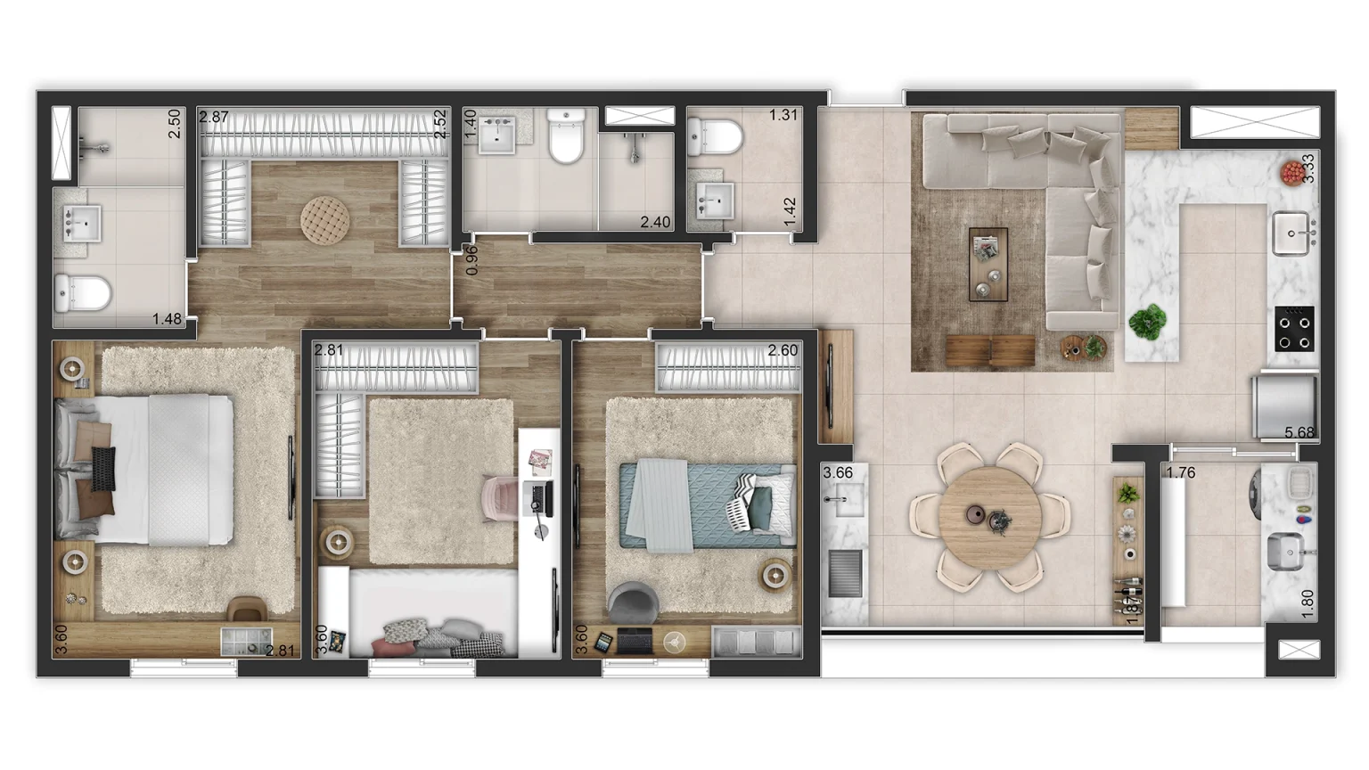 Planta Opção 96m² - 3 Dorms. com Living Integrado