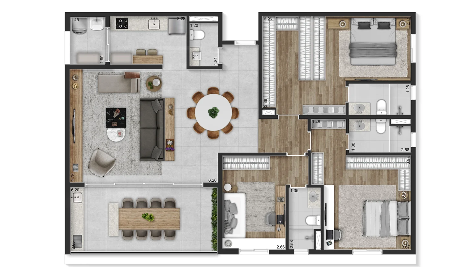 Planta Tipo 150m² - 3 Suítes