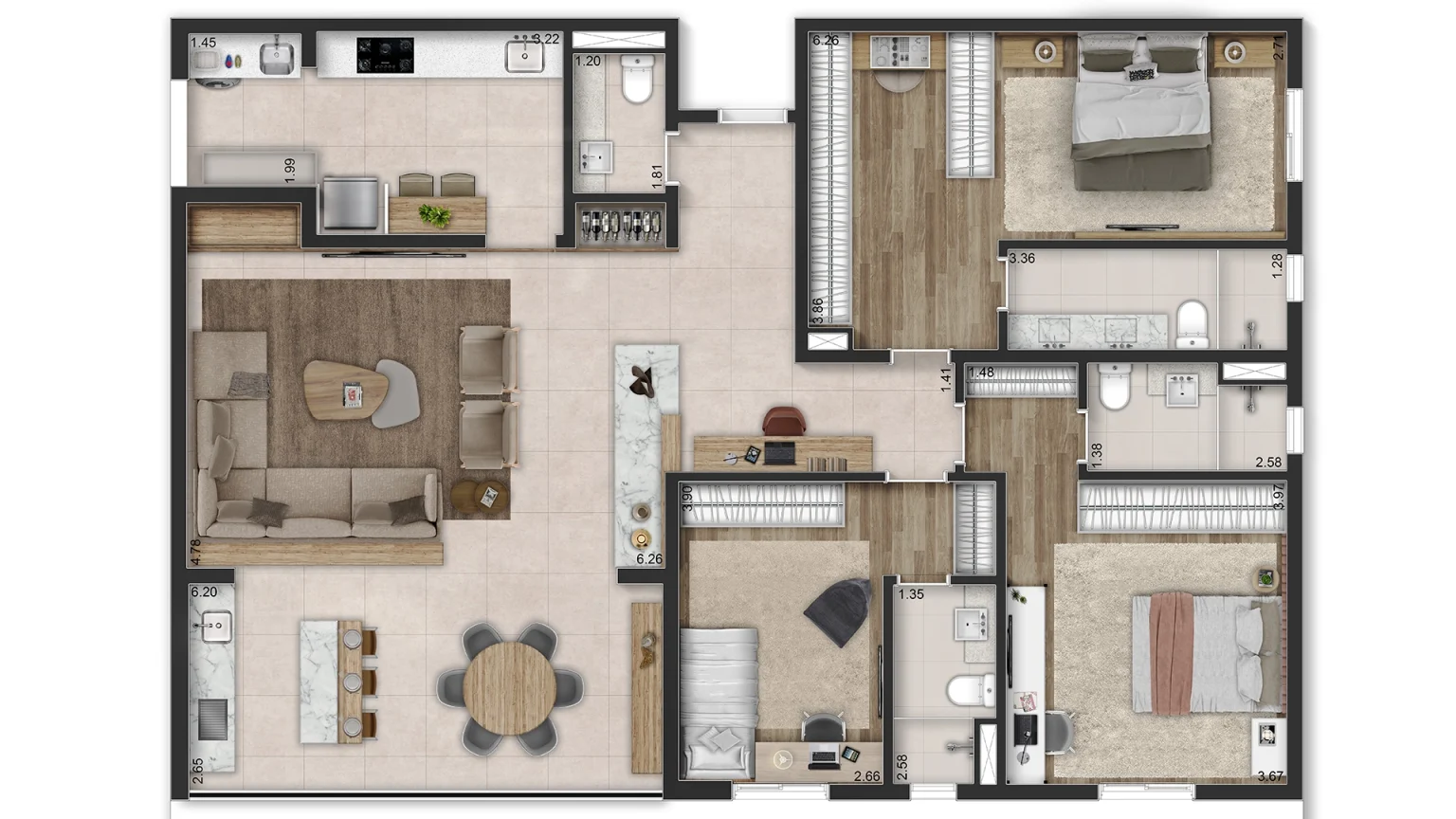 Planta Tipo 150m² - 3 Suítes