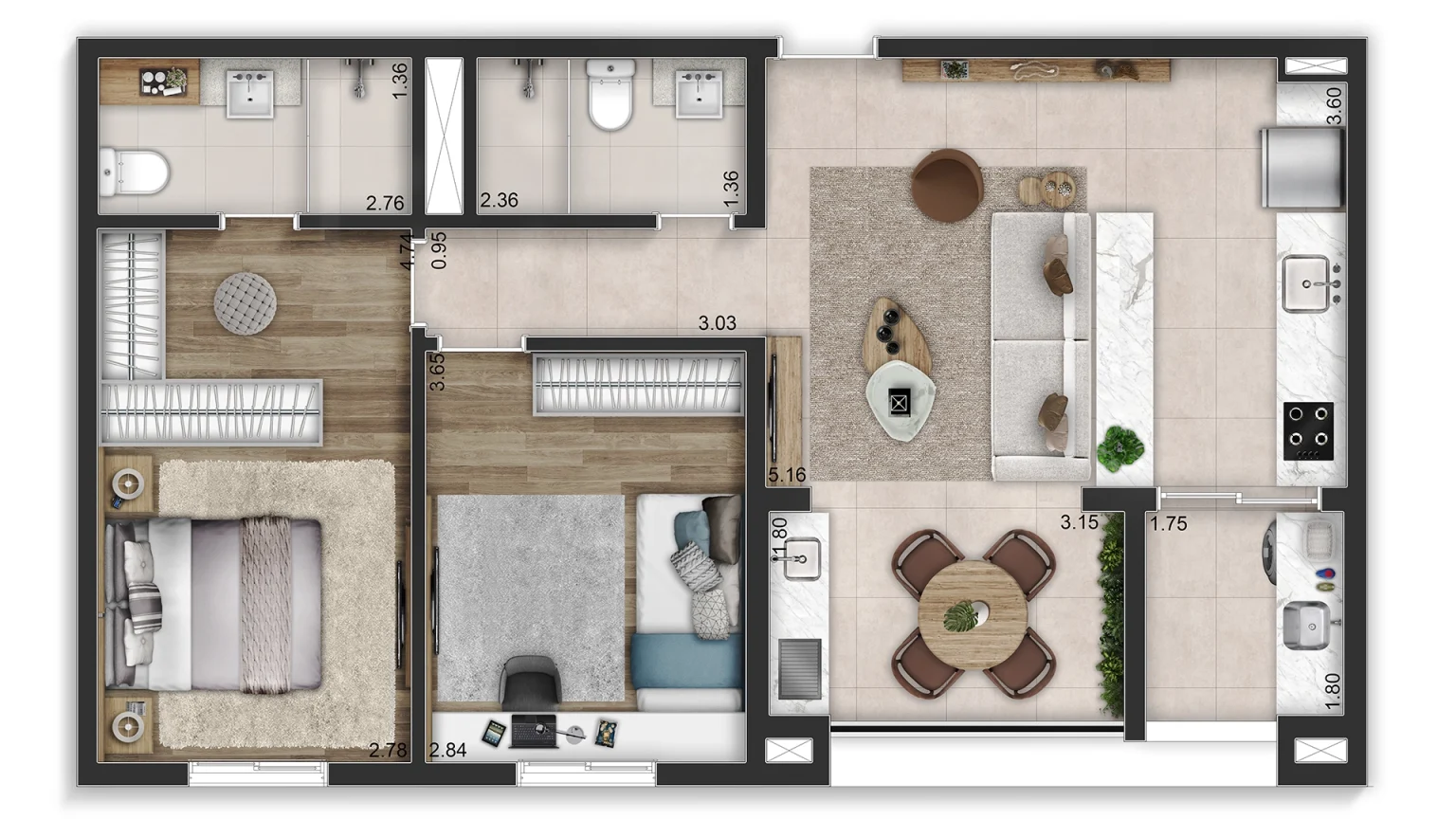 Planta Tipo 75m² - 2 dorms.