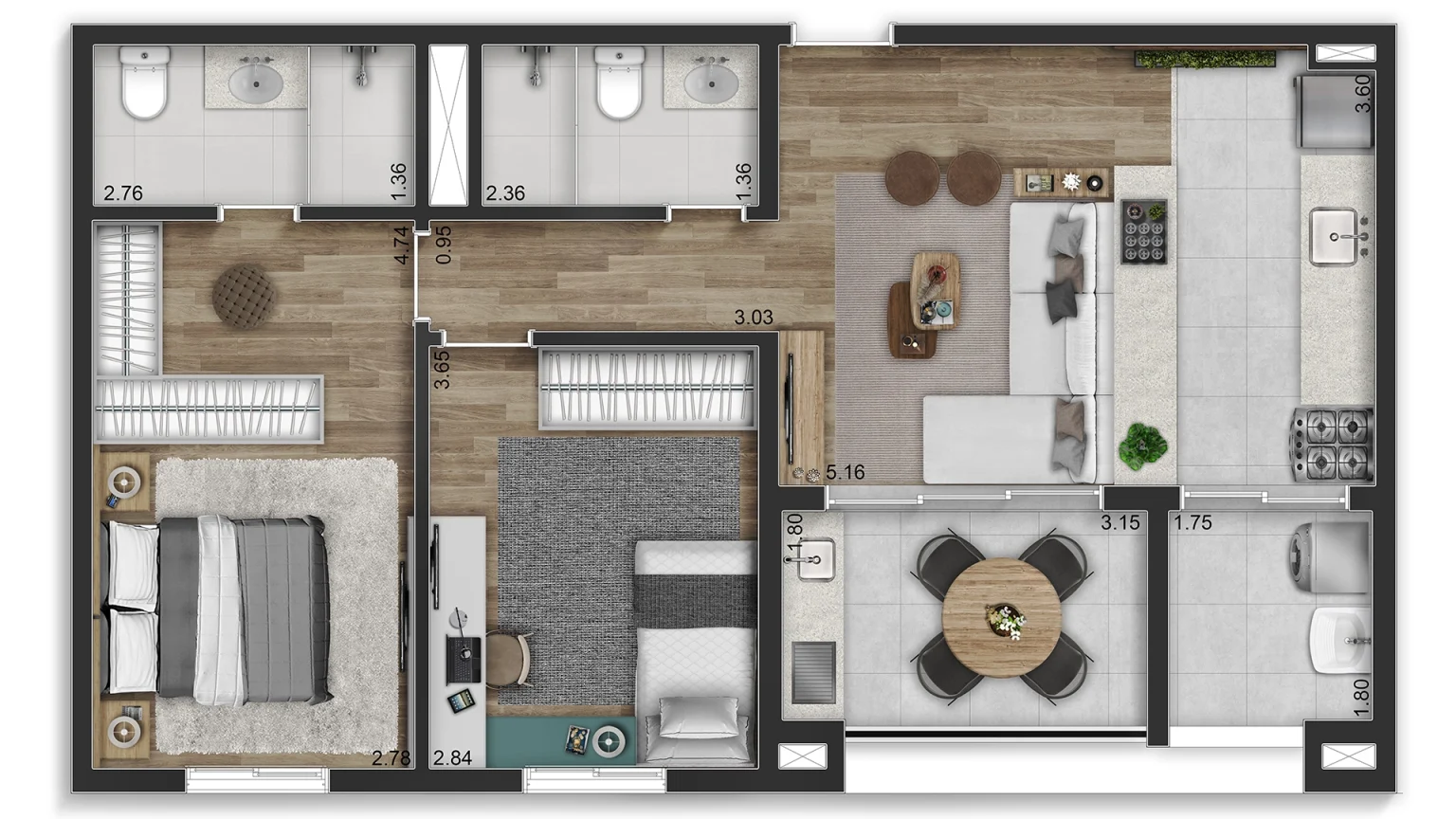 Planta Tipo 75m² - 2 dorms.