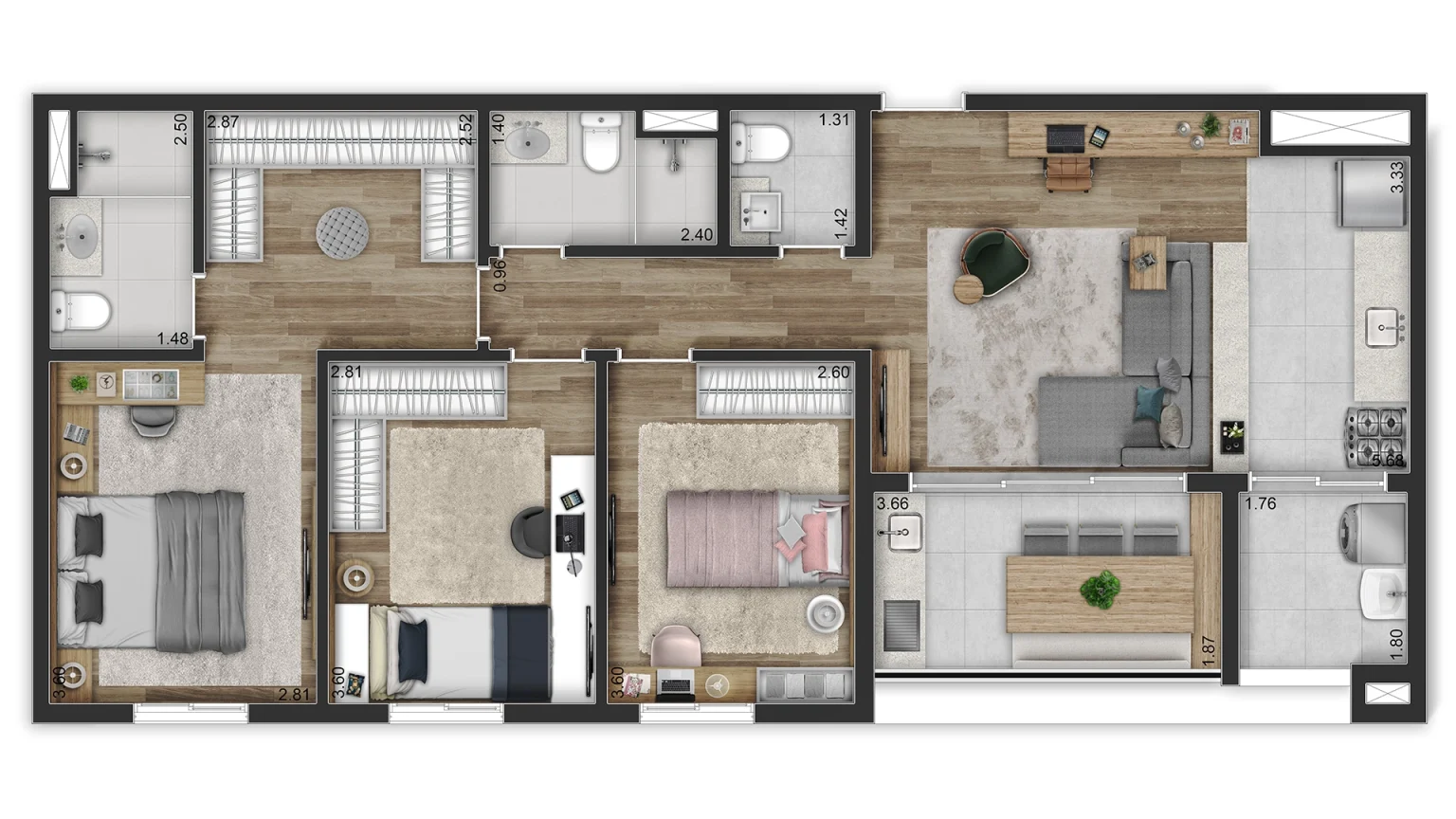 Planta Tipo 96m² - 3 Dorms.