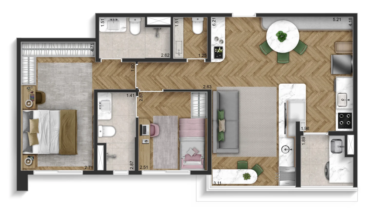 Planta Opção 72m² - Living e Gourmet Integrados