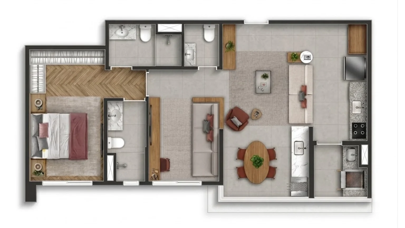 Planta Opção 72m² - Living Ampliado