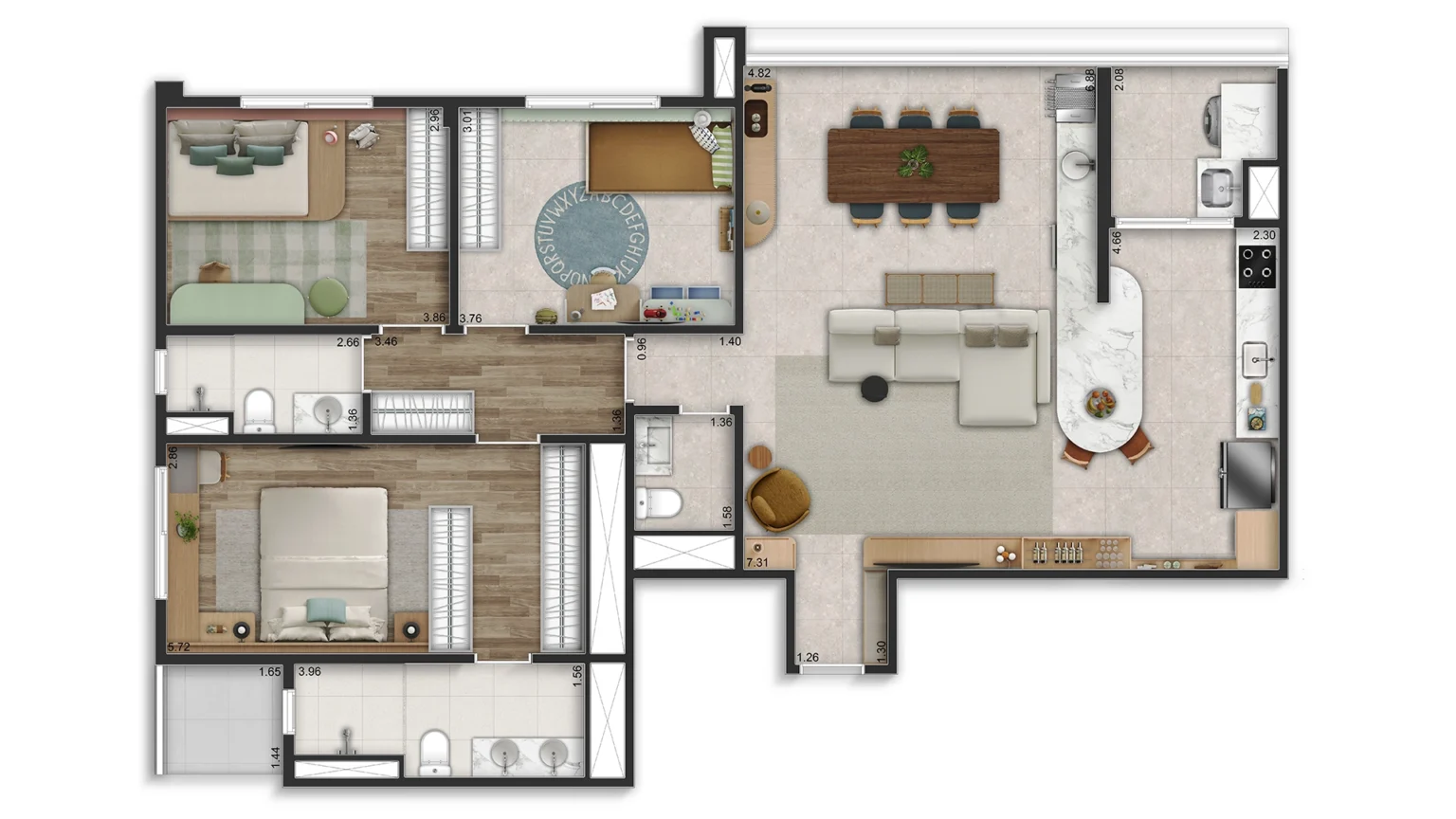 Planta Opção 122m² - Living e Gourmet Integrados